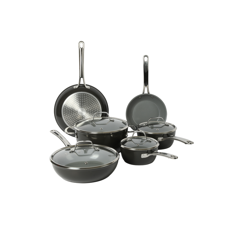 Sur la Table Kitchen Essentials Gourmet Cuisine 10pc Forged Aluminum Cookware Set w/ Glass Lid - Grey Ceramic Titanium Interior - Induction Base - Stainless Steel Hollow Handle - Gift Box w/ Remailer