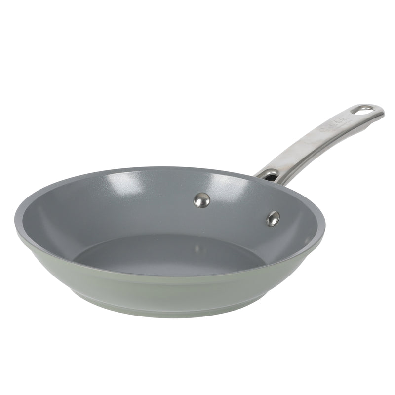 Sur La Table Kitchen Essentials Gourmet Cuisine 8" Forged Aluminum Frying Pan - Grey Ceramic Titanium Interior - Induction Base - Stainless Steel Hollow Handle - Color Sleeve