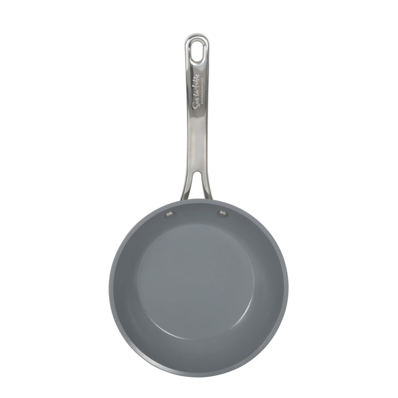 Sur La Table Kitchen Essentials Gourmet Cuisine 8" Forged Aluminum Frying Pan - Grey Ceramic Titanium Interior - Induction Base - Stainless Steel Hollow Handle - Color Sleeve