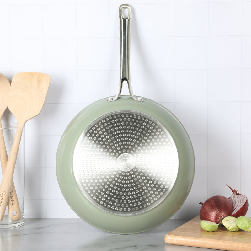 Sur La Table Kitchen Essentials Gourmet Cuisine 12" Forged Aluminum Frying Pan - Grey Ceramic Titanium Interior - Induction Base - Stainless Steel Hollow Handle - Color Sleeve