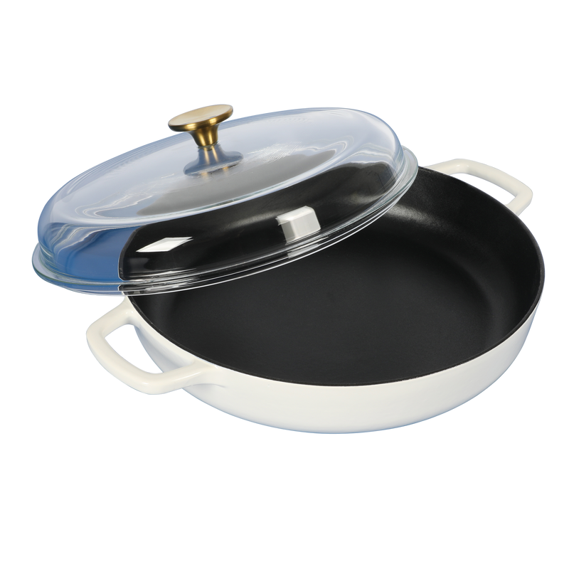 Sur la Table Kitchen Essentials Supper Club 3.75qt Enamel Cast Iron Everyday Pan w/ Borosilicate Lid - Matte Black Enamel Interior - Stainless Steel Knob - Color Sleeve w/ Remailer