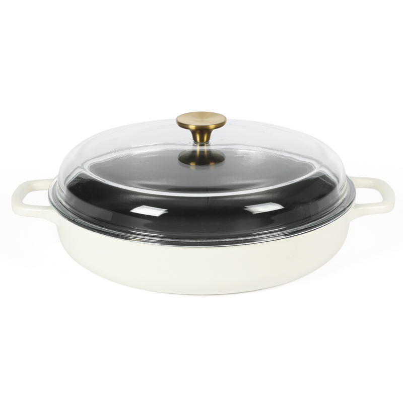 Sur la Table Kitchen Essentials Supper Club 3.75qt Enamel Cast Iron Everyday Pan w/ Borosilicate Lid - Matte Black Enamel Interior - Stainless Steel Knob - Color Sleeve w/ Remailer