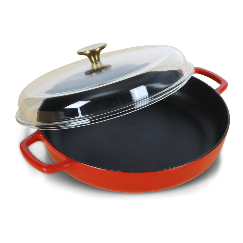 Sur la Table Kitchen Essentials Supper Club 3.75qt Enamel Cast Iron Everyday Pan w/ Borosilicate Lid - Matte Black Enamel Interior - Stainless Steel Knob - Color Sleeve w/ Remailer