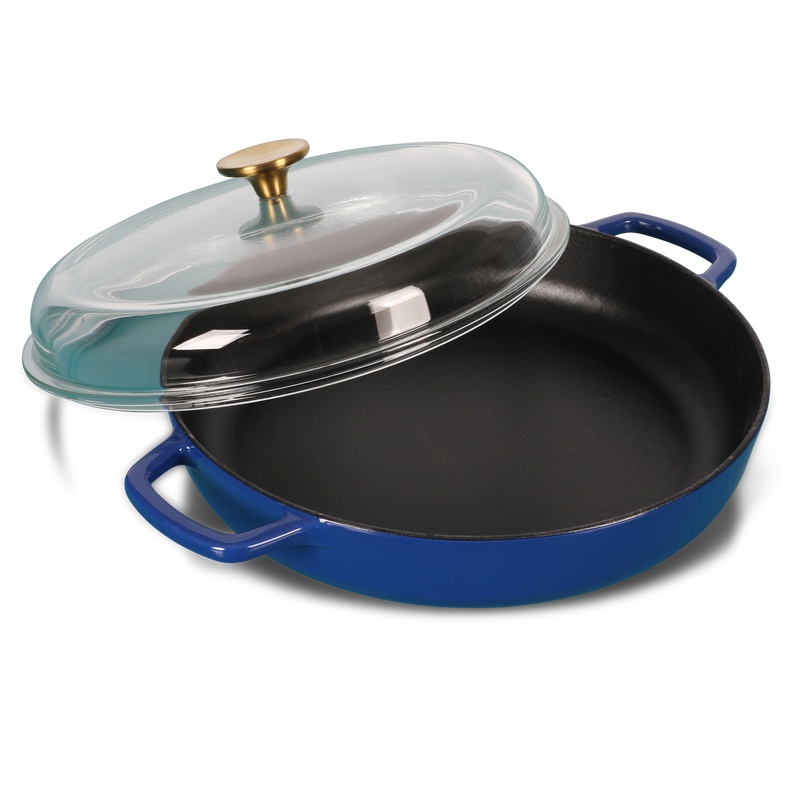 Sur la Table Kitchen Essentials Supper Club 3.75qt Enamel Cast Iron Everyday Pan w/ Borosilicate Lid - Matte Black Enamel Interior - Stainless Steel Knob - Color Sleeve w/ Remailer