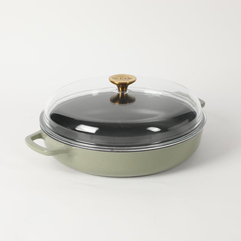 Sur la Table Kitchen Essentials Supper Club 3.75qt Enamel Cast Iron Everyday Pan w/ Borosilicate Lid - Matte Black Enamel Interior - Stainless Steel Knob - Color Sleeve w/ Remailer