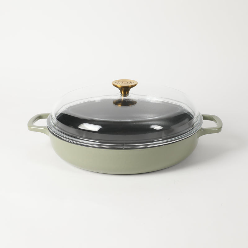 Sur la Table Kitchen Essentials Supper Club 3.75qt Enamel Cast Iron Everyday Pan w/ Borosilicate Lid - Matte Black Enamel Interior - Stainless Steel Knob - Color Sleeve w/ Remailer