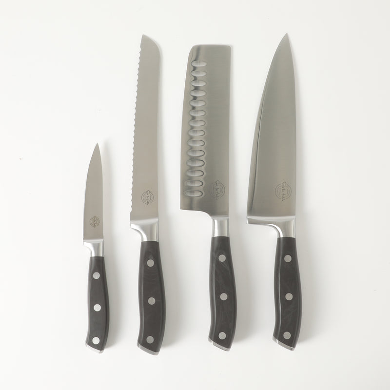 Sur la Table Kitchen Essentials Tasting Kitchen 5pc Stainless Steel Cutlery Set w/ Beechwood Magnetic Stand - Plastic Handle - Gift Box w/ Remailer