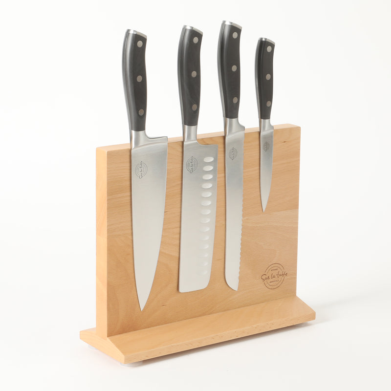 Sur la Table Kitchen Essentials Tasting Kitchen 5pc Stainless Steel Cutlery Set w/ Beechwood Magnetic Stand - Plastic Handle - Gift Box w/ Remailer