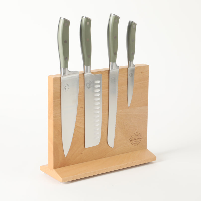 Sur la Table Kitchen Essentials Tasting Kitchen 5pc Stainless Steel Cutlery Set w/ Beechwood Magnetic Stand - Plastic Handle - Gift Box w/ Remailer