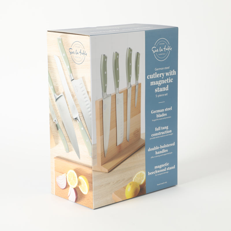 Sur la Table Kitchen Essentials Tasting Kitchen 5pc Stainless Steel Cutlery Set w/ Beechwood Magnetic Stand - Plastic Handle - Gift Box w/ Remailer