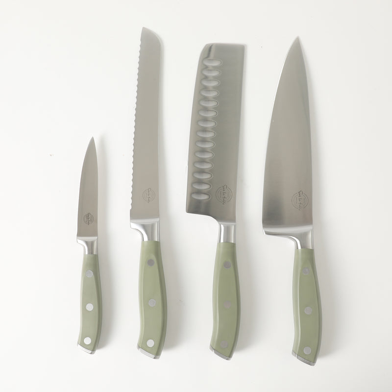 Sur la Table Kitchen Essentials Tasting Kitchen 5pc Stainless Steel Cutlery Set w/ Beechwood Magnetic Stand - Plastic Handle - Gift Box w/ Remailer
