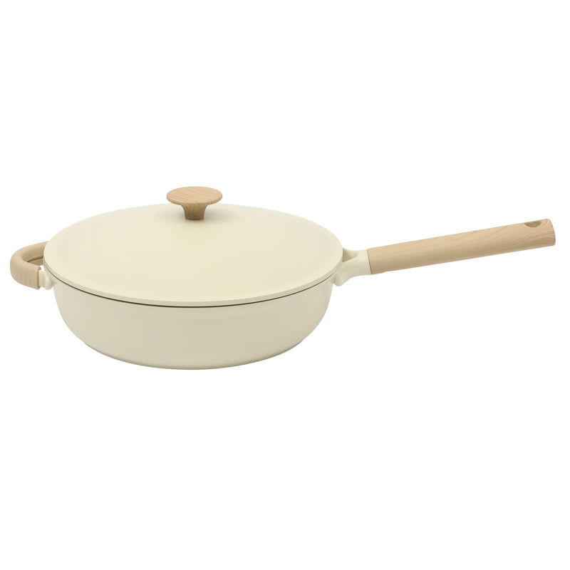Gibson Elite Folkstone 13pc Cast Aluminum Set w/ Kitchen Tools - Linen - Nonstick Ceramic Interior - Induction Base - Wood Look Soft Touch Handle - Gift Box