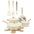 Gibson Elite Folkstone 13pc Cast Aluminum Set w/ Kitchen Tools - Linen - Nonstick Ceramic Interior - Induction Base - Wood Look Soft Touch Handle - Gift Box