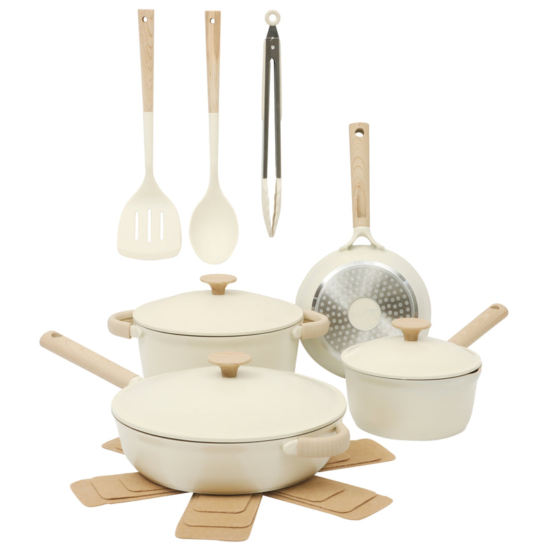Gibson Elite Folkstone 13pc Cast Aluminum Set w/ Kitchen Tools - Linen - Nonstick Ceramic Interior - Induction Base - Wood Look Soft Touch Handle - Gift Box