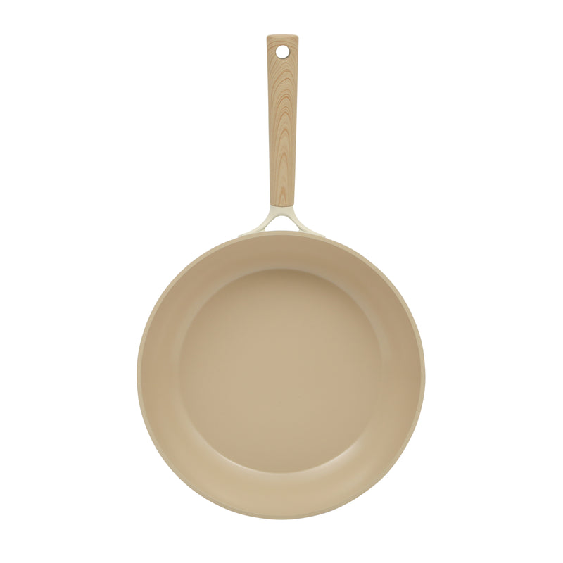 Gibson Elite Folkstone 10" Cast Aluminum Frying Pan - Linen- Nonstick Ceramic Interior - Induction Base - Wood Look Soft Touch Handle - Color Sleeve
