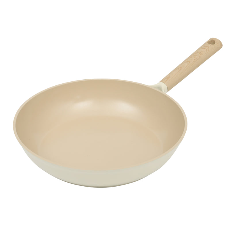 Gibson Elite Folkstone 12" Cast Aluminum Frying Pan - Linen - Nonstick Ceramic Interior - Induction Base - Wood Look Soft Touch Handle - Color Sleeve