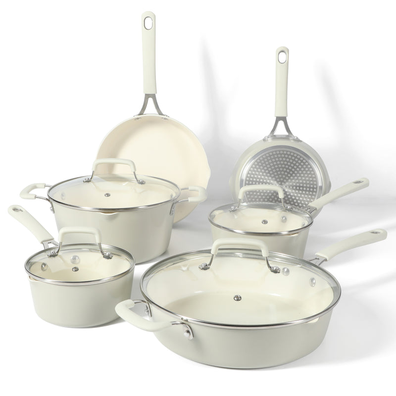 Martha Stewart Heathland 10pc Aluminum Cookware Set - Linen - Taper Shape - Off White Ceramic Interior - Induction - Silicone Handle - Gift Box w/ Remailer