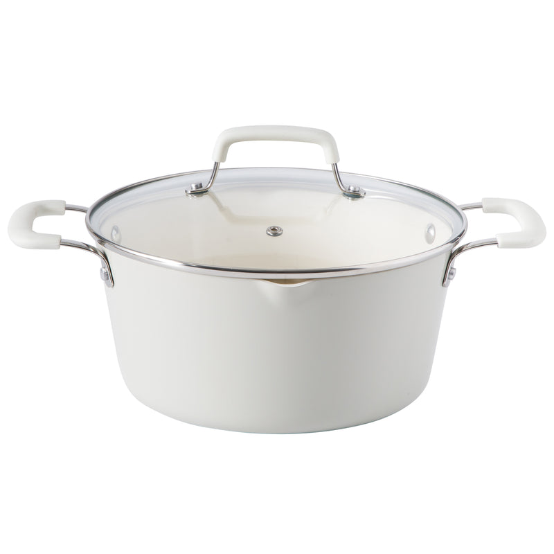 Martha Stewart Heathland 10pc Aluminum Cookware Set - Linen - Taper Shape - Off White Ceramic Interior - Induction - Silicone Handle - Gift Box w/ Remailer