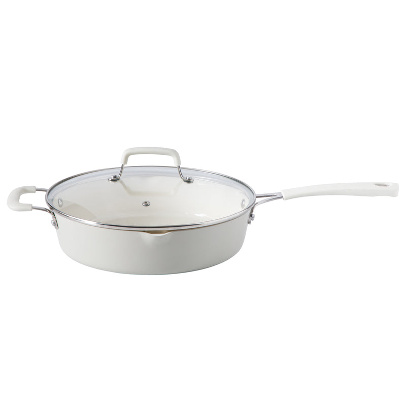 Martha Stewart Heathland 10pc Aluminum Cookware Set - Linen - Taper Shape - Off White Ceramic Interior - Induction - Silicone Handle - Gift Box w/ Remailer