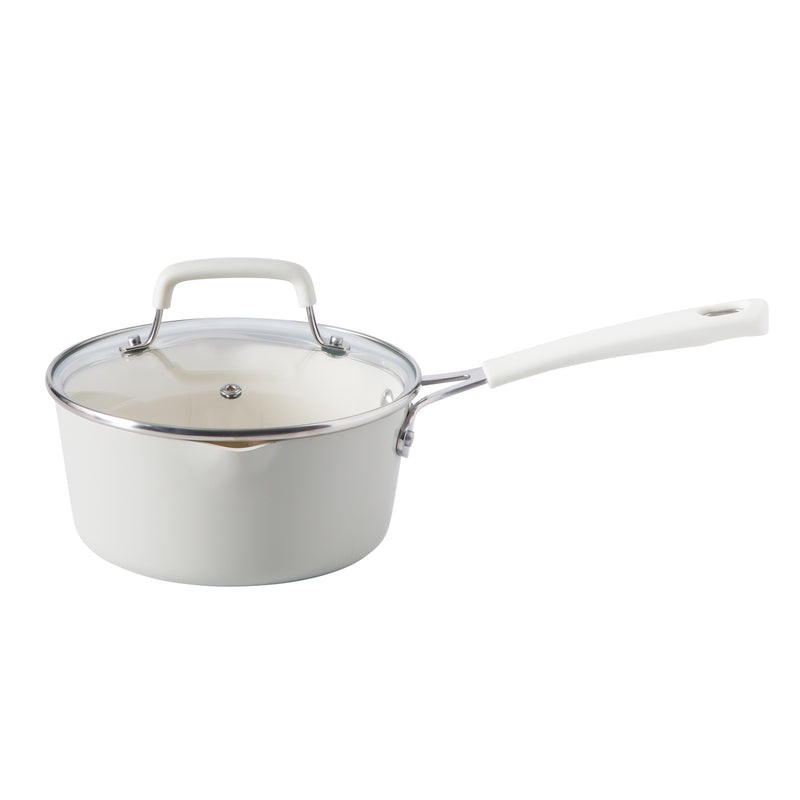 Martha Stewart Heathland 10pc Aluminum Cookware Set - Linen - Taper Shape - Off White Ceramic Interior - Induction - Silicone Handle - Gift Box w/ Remailer