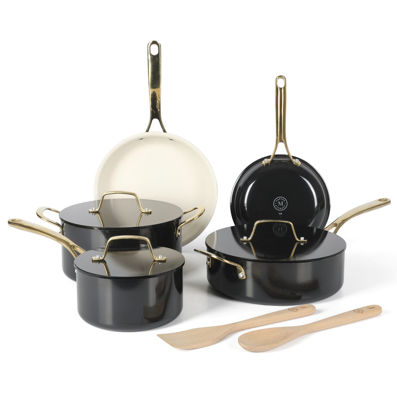 Martha Stewart Galway 10pc Aluminum Cookware Set w/ Aluminum Lid - Black with Gold Color Handle - Gift Box w/ Remailer