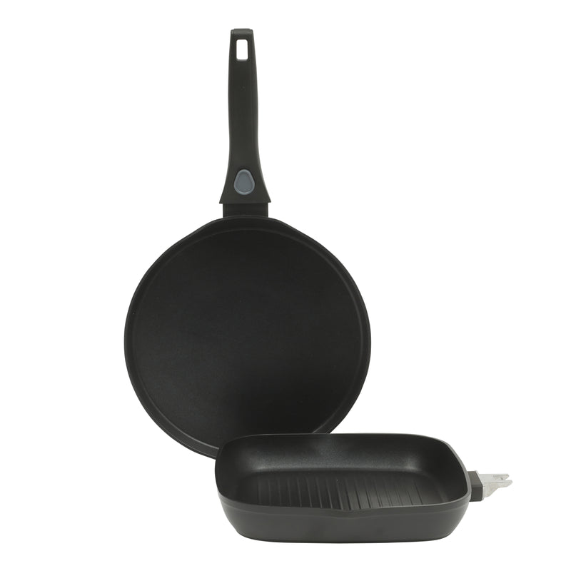 Oster Smarthandle Advance 3 pc Forged Aluminum 10" Round Pancake Pan & 9.5" Square Grill w/ Detachable Handle - Matte Black - Non-Stick Interior - Induction Base - Bakelite Handle - Gift Box (Open Window)