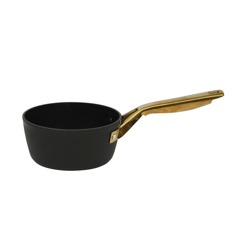 Oster Abbottsford 2.5qt Aluminum Saucepan w/ Flat Glass Lid - Matte Black Stripe - Nonstick - CD Bottom - Stainless Steel Gold Handle - Color Sleeve