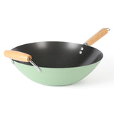 Martha Stewart Everyday Clarkston 10" Non-Stick Steel Wok w/ Helper Handle - Teal - Black Interior - Wood Handle - Color Sleeve
