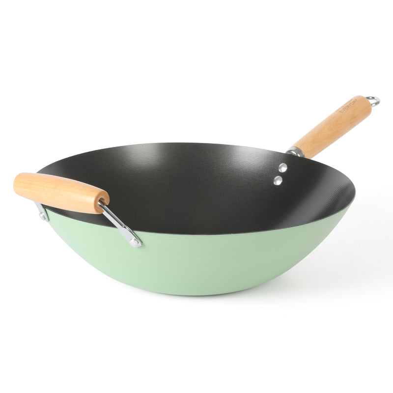Martha Stewart Everyday Clarkston 10" Non-Stick Steel Wok w/ Helper Handle - Teal - Black Interior - Wood Handle - Color Sleeve