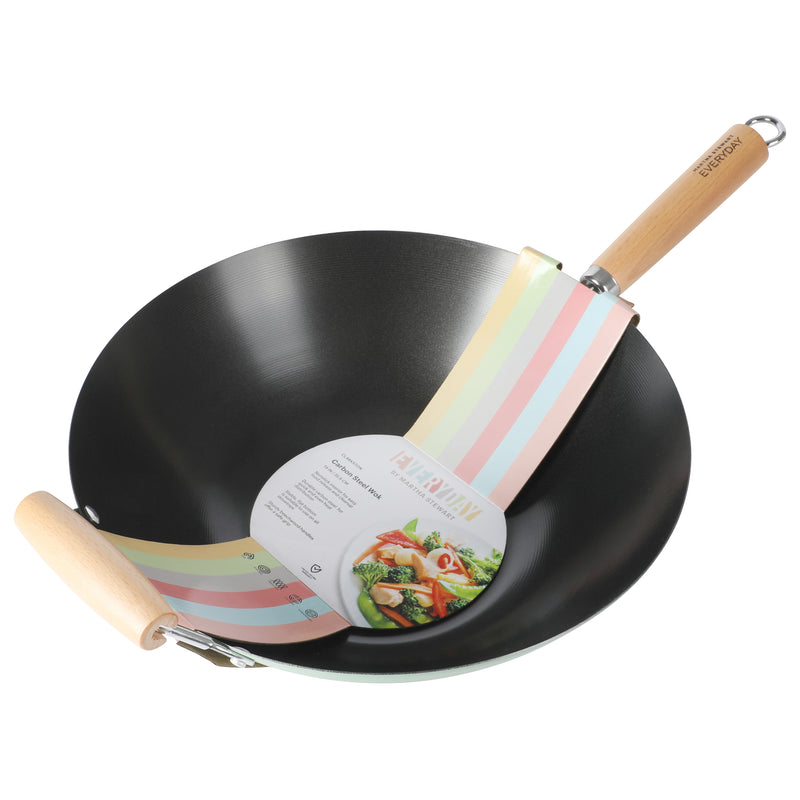 Martha Stewart Everyday Clarkston 10" Non-Stick Steel Wok w/ Helper Handle - Teal - Black Interior - Wood Handle - Color Sleeve