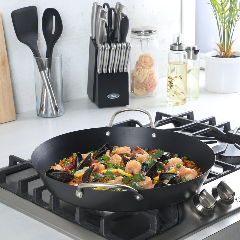 Paellera Oster Smithfire de acero antiadherente de 16" - Negro mate - Etiqueta de color