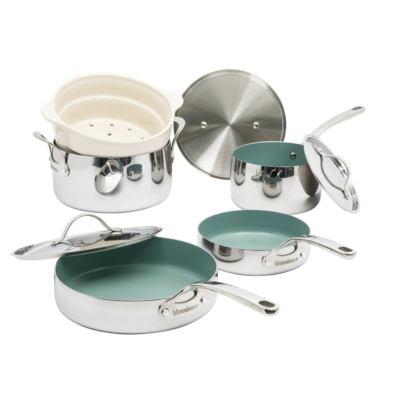 Bloomhouse 8pc Triply Stainless Steel Cookware Set - Grey Ceramic Interior- Gift Box w/ Remailer