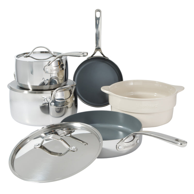 Bloomhouse 8pc Triply Stainless Steel Cookware Set - Grey Ceramic Interior- Gift Box w/ Remailer