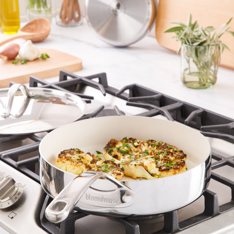 Bloomhouse 10" Triply Stainless Steel Frying Pan w/ Stainless Steel Lid - White Ceramic Interior - Gift Box w/ Remailer