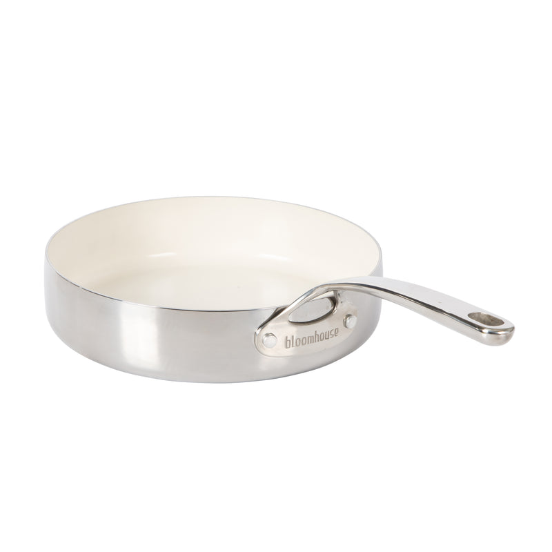 Bloomhouse 10" Triply Stainless Steel Frying Pan w/ Stainless Steel Lid - White Ceramic Interior - Gift Box w/ Remailer