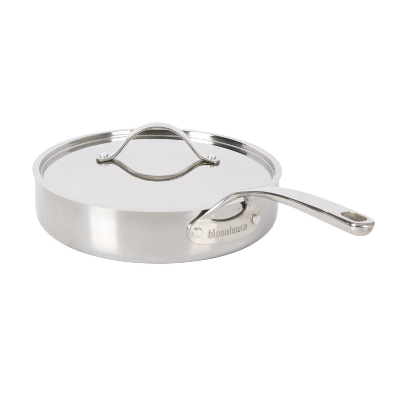 Bloomhouse 10" Triply Stainless Steel Frying Pan w/ Stainless Steel Lid - White Ceramic Interior - Gift Box w/ Remailer