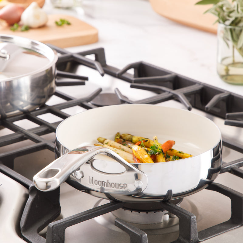 Bloomhouse 8" Triply Stainless Steel Frying Pan - White Ceramic Interior - Gift Box w/ Remailer