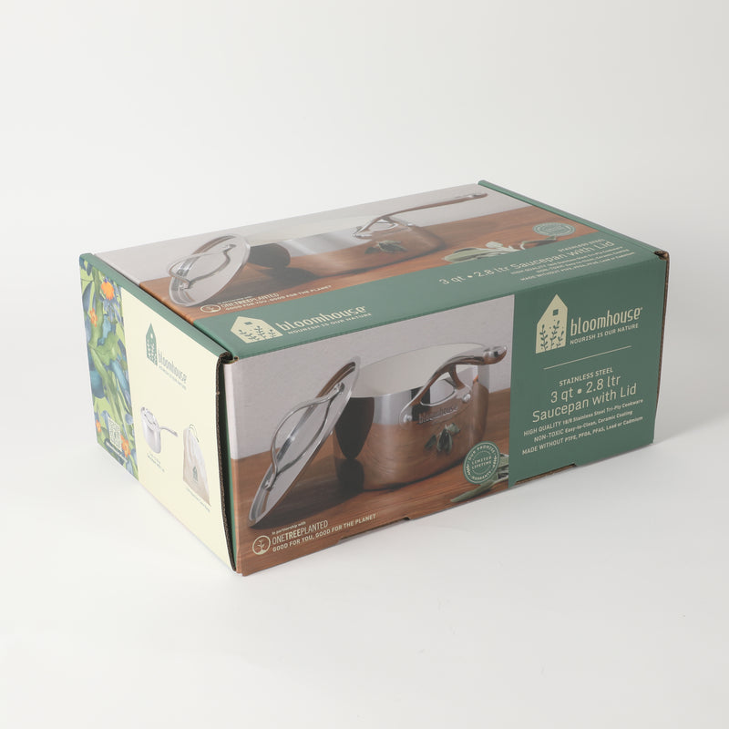 Bloomhouse 3qt Triply Stainless Steel Saucepan w/ Stainless Steel Lid - White Ceramic Interior - Gift Box w/ Remailer