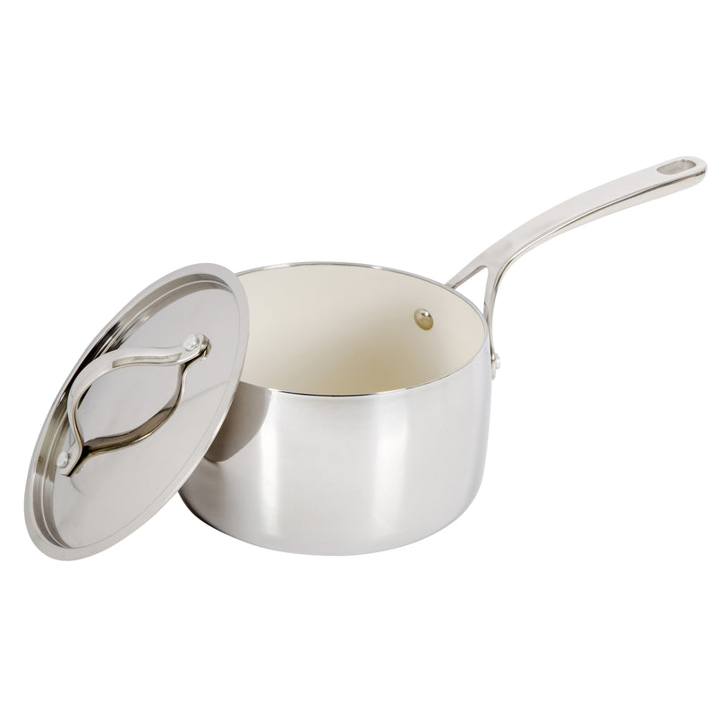 Bloomhouse 3qt Triply Stainless Steel Saucepan w/ Stainless Steel Lid - White Ceramic Interior - Gift Box w/ Remailer