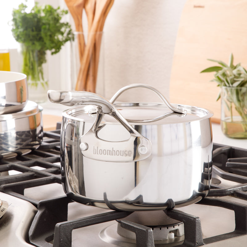 Bloomhouse 3qt Triply Stainless Steel Saucepan w/ Stainless Steel Lid - White Ceramic Interior - Gift Box w/ Remailer