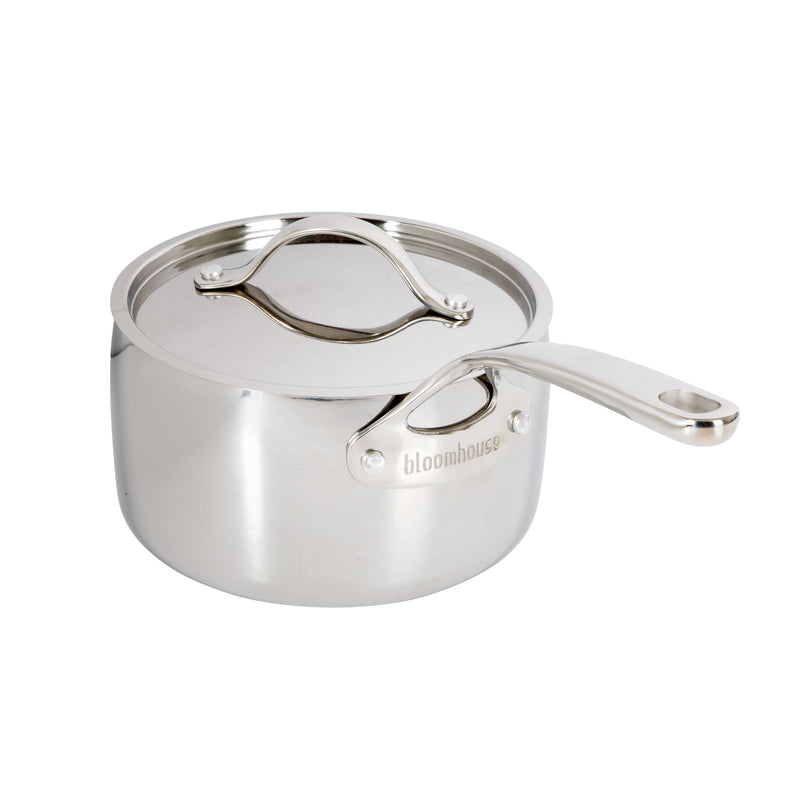 Bloomhouse 3qt Triply Stainless Steel Saucepan w/ Stainless Steel Lid - White Ceramic Interior - Gift Box w/ Remailer