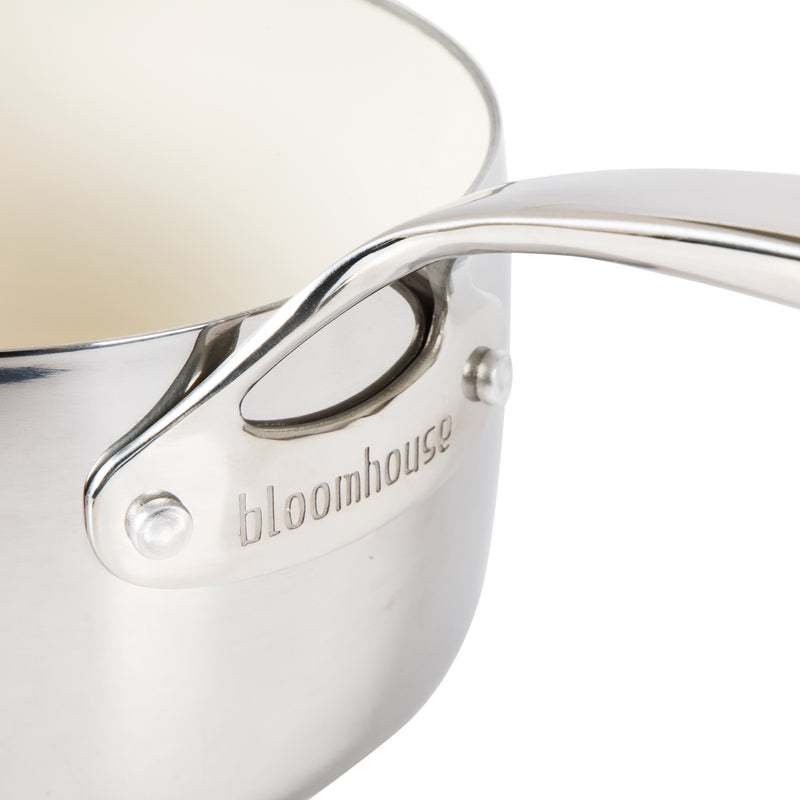 Bloomhouse 3qt Triply Stainless Steel Saucepan w/ Stainless Steel Lid - White Ceramic Interior - Gift Box w/ Remailer