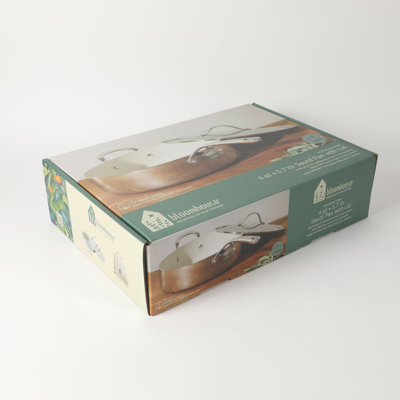 Bloomhouse 6qt Triply Stainless Steel Sauté w/ lid & Helper Handle - White Ceramic Interior - Gift Box w/ Remailer