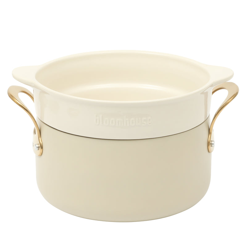 Bloomhouse 8pc Aluminum Cookware Set - Linen - Taupe Ceramic Interior - Nonstick - Gold PVD Stainless Steel Rim Glass Lid - Induction - Cast Stainless Steel Gold PVD Handle - Gift Box w/ Remailer