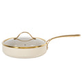 Bloomhouse 10" Aluminum Frying Pan w/ lid - Linen - Taupe Ceramic Nonstick Interior - Induction - Cast Stainless Steel Gold PVD Handle - Gift Box w/ Remailer