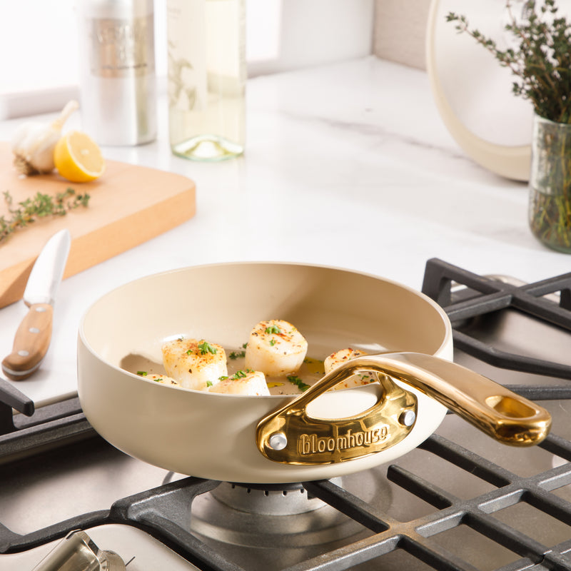 Bloomhouse 8" Aluminum Frying Pan - Linen - Taupe Ceramic Interior - Ceramic Nonstick - Induction - Cast Stainless Steel Gold PVD Handle - Gift Box w/ Remailer