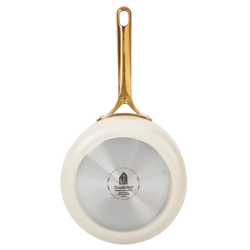 Bloomhouse 8" Aluminum Frying Pan - Linen - Taupe Ceramic Interior - Ceramic Nonstick - Induction - Cast Stainless Steel Gold PVD Handle - Gift Box w/ Remailer