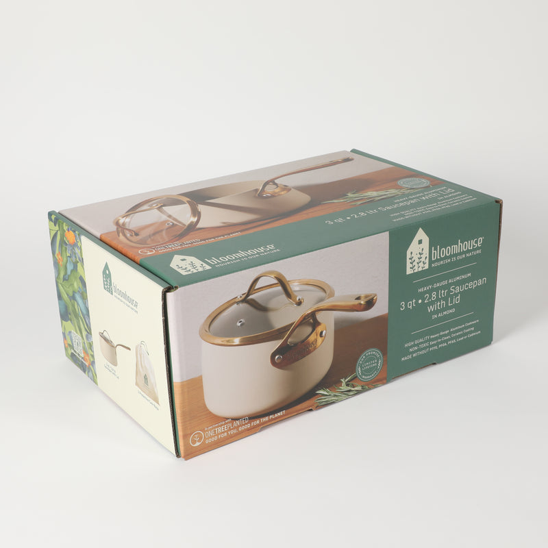 Bloomhouse 3qt Aluminum Saucepan w/ Lid - Linen - Taupe Ceramic Interior - Nonstick - Induction - Cast Stainless Steel Gold PVD Handle - Gift Box w/ Remailer