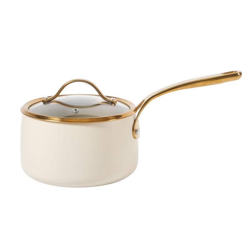 Bloomhouse 3qt Aluminum Saucepan w/ Lid - Linen - Taupe Ceramic Interior - Nonstick - Induction - Cast Stainless Steel Gold PVD Handle - Gift Box w/ Remailer