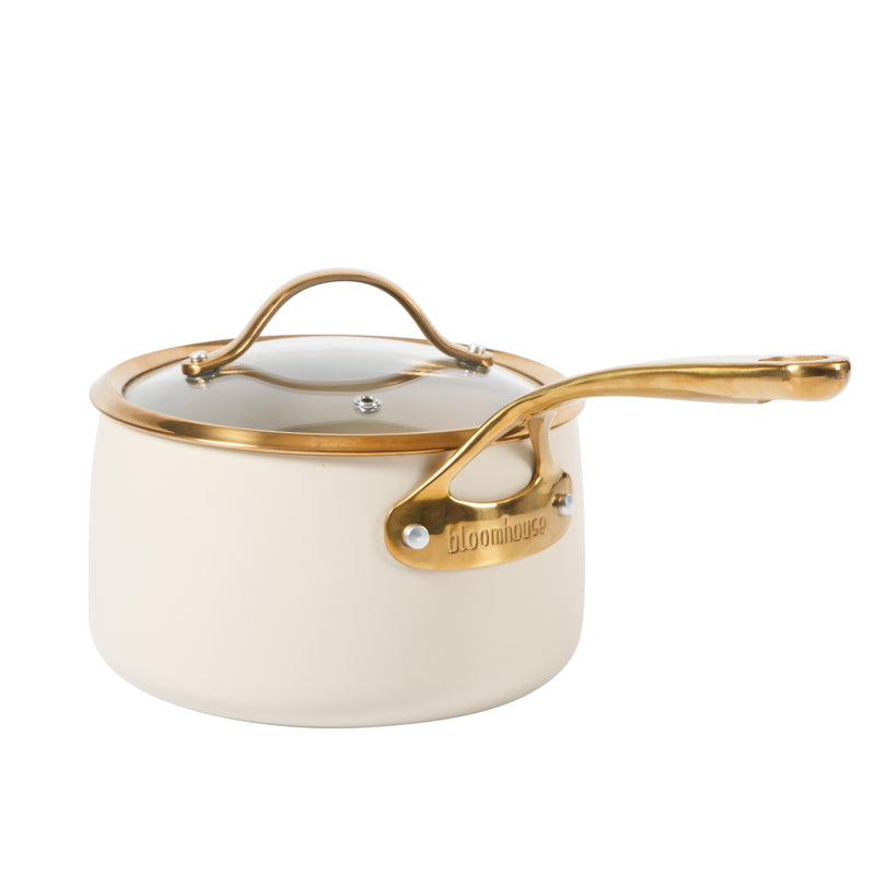 Bloomhouse 3qt Aluminum Saucepan w/ Lid - Linen - Taupe Ceramic Interior - Nonstick - Induction - Cast Stainless Steel Gold PVD Handle - Gift Box w/ Remailer